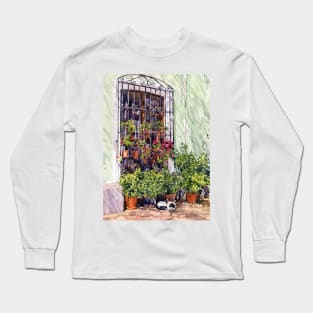 Window with flowerpots and cat, Bentarique. Long Sleeve T-Shirt